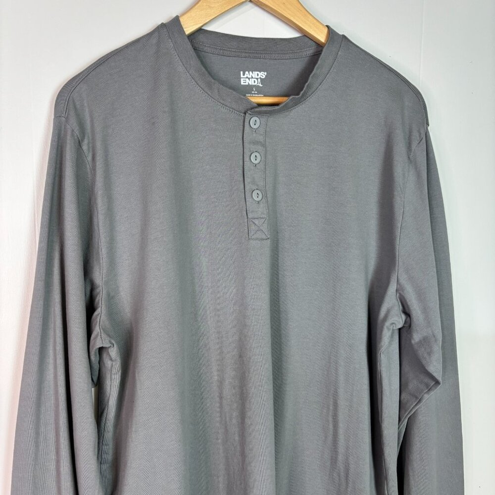 Lands End Shirt Large Henley Gray Stretch Cotton Long Sleeve Casual Men's - Picture 2 of 13